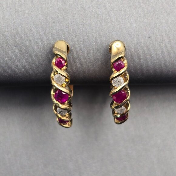 VTG Gold-Filled Pink Tourmaline & Lab Grown Diamonds Clip-On 1/2 Hoop Earrings - Picture 2 of 10